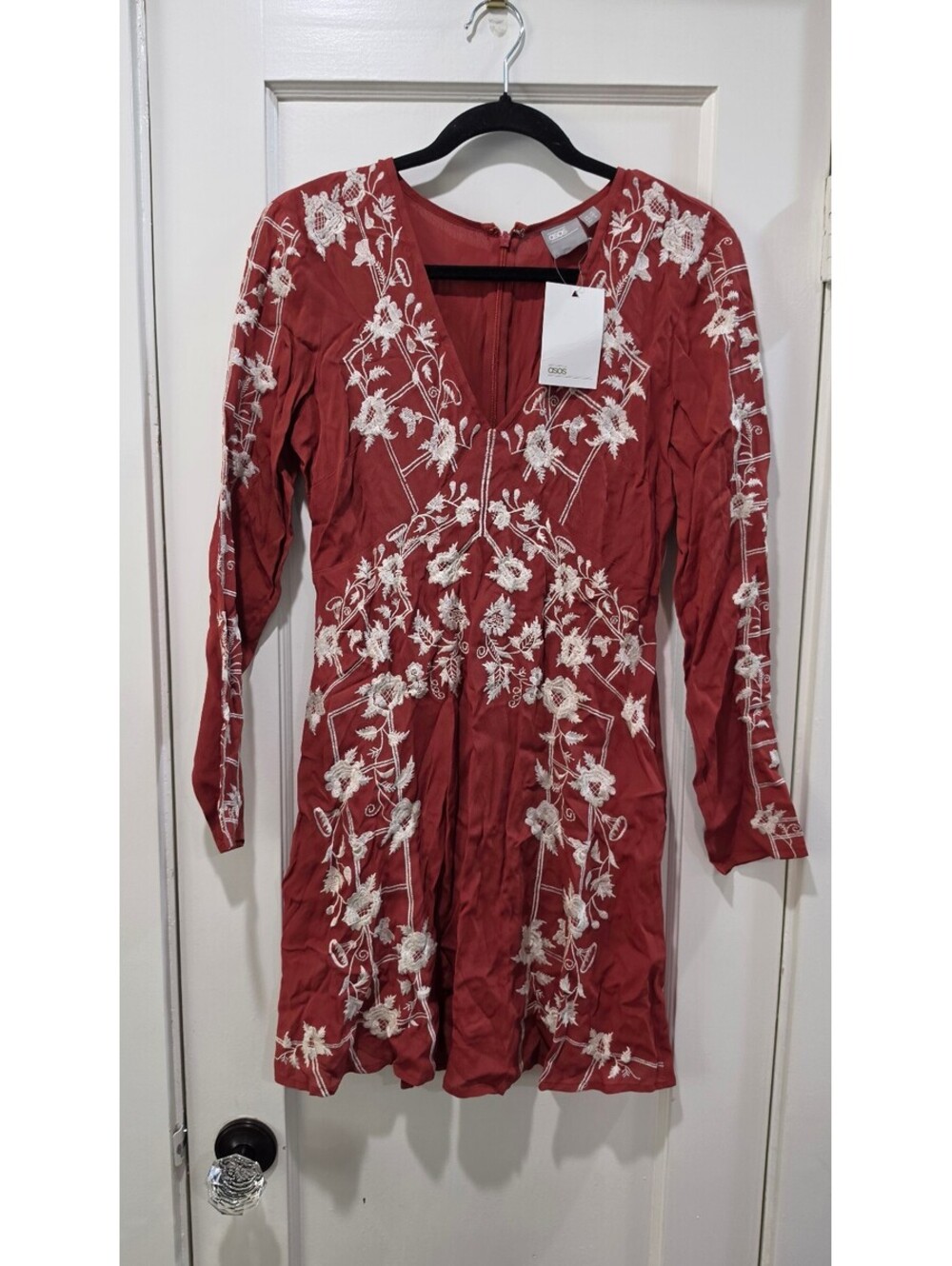 ASOS Rust Red Embroidered Viscose Dress UK 10 EU 38 US 6